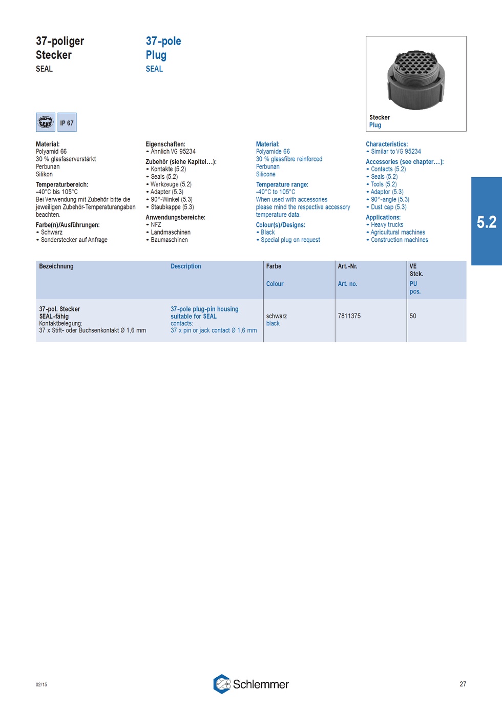PLUG PIN/JACK HOUSING 37-POL 37XØ1,6 PA6GF30/SI BLACK