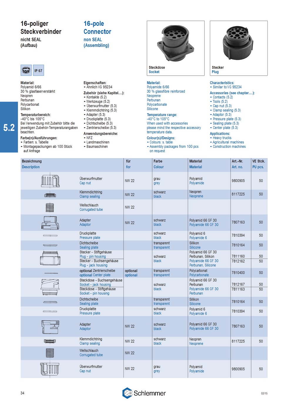 PPLATE PA6 BK 16-POL PLUG/SOCKET P/500