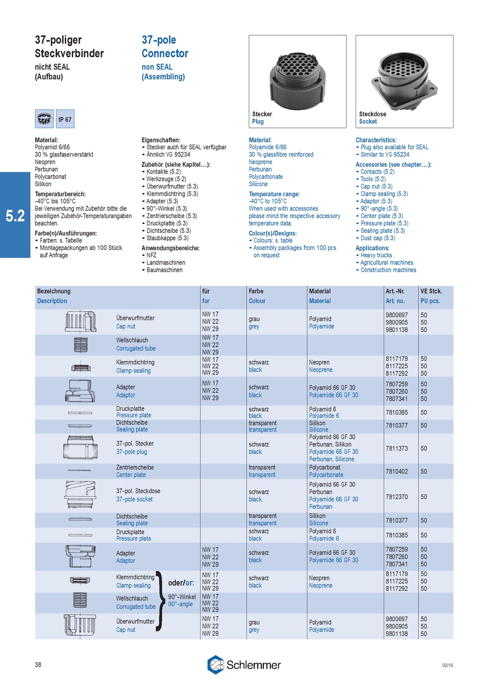 PPLATE PA6 BK 37-POL PLUG/SOCKET P/500