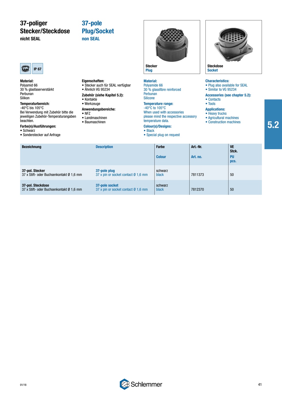 PLUG PIN/JACK HOUSING 37-POL 37XØ1,6 PA6GF30/SI BLACK