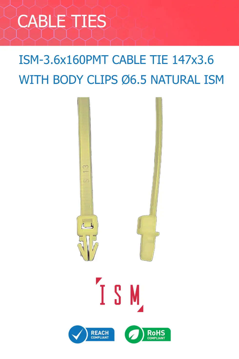 CABLE TIE 147x3.6 WITH BODY CLIPS Ø6.5 NATURAL