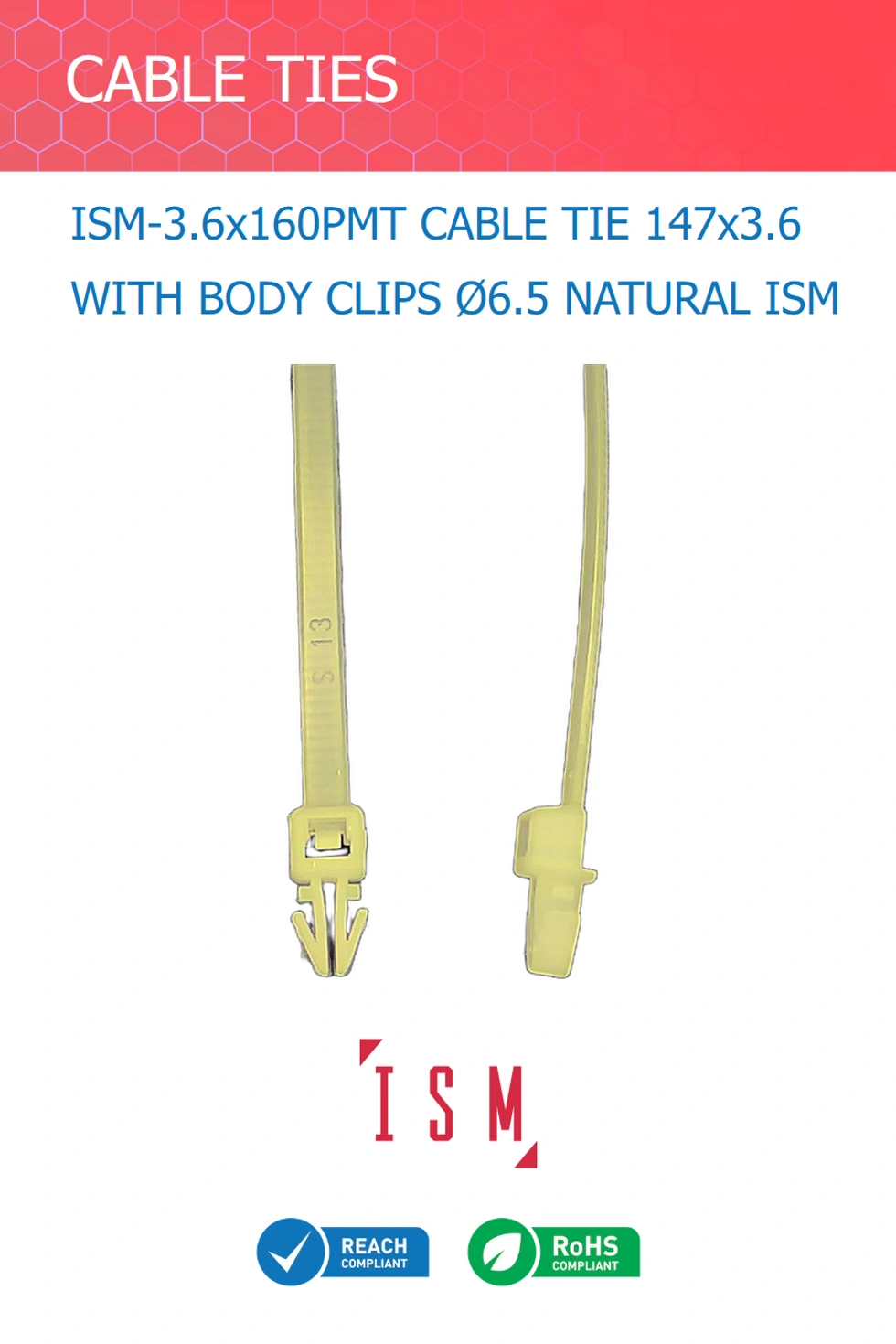 CABLE TIE 147x3.6 WITH BODY CLIPS Ø6.5 NATURAL