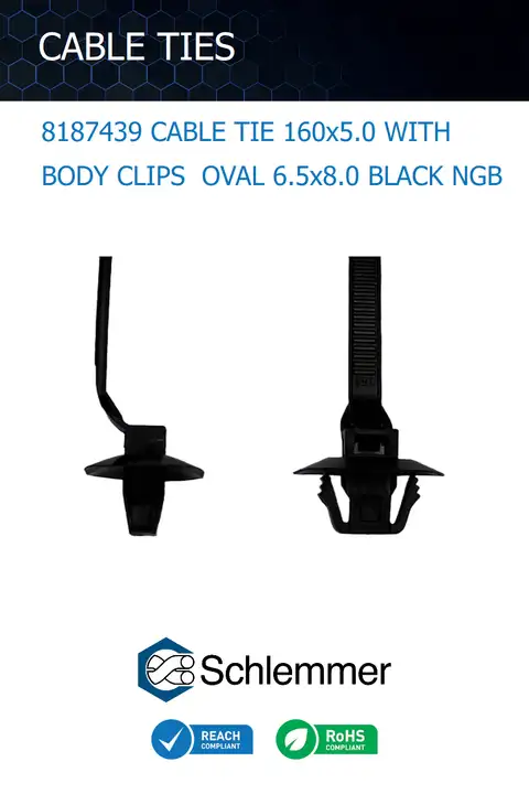 CABLE TIE 160x5.0 WITH BODY CLIPS OVAL 6.5x8.0 BLACK NGB