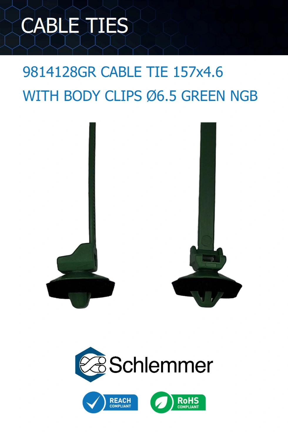 CABLE TIE 157x4.6 WITH BODY CLIPS Ø6.5 GREEN NGB