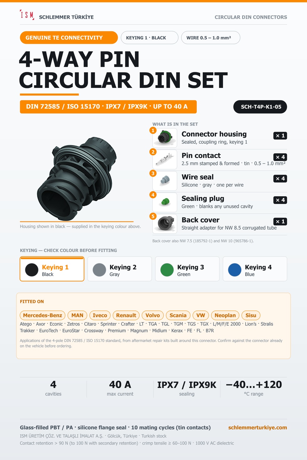 Genuine 4-Way Circular DIN Connector Set - Pin - Keying 1 Black - 0.5 – 1.0 mm²