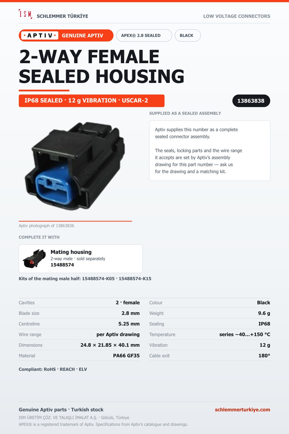GENUINE APEX 2.8 SEALED 2-WAY FEMALE CONNECTOR HOUSING · BLACK