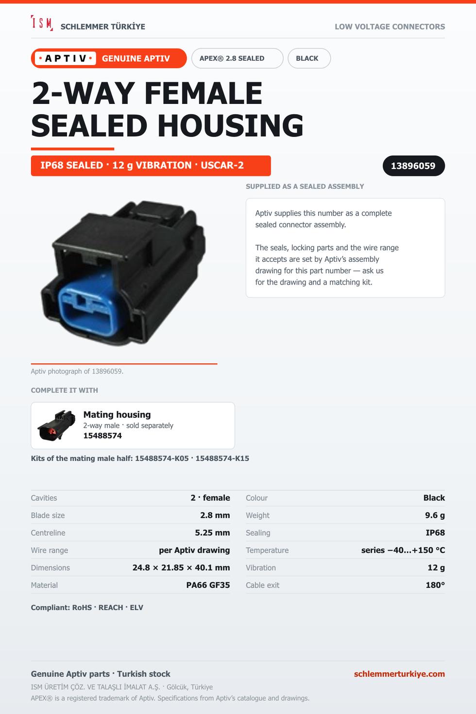 GENUINE APEX 2.8 SEALED 2-WAY FEMALE CONNECTOR HOUSING · BLACK