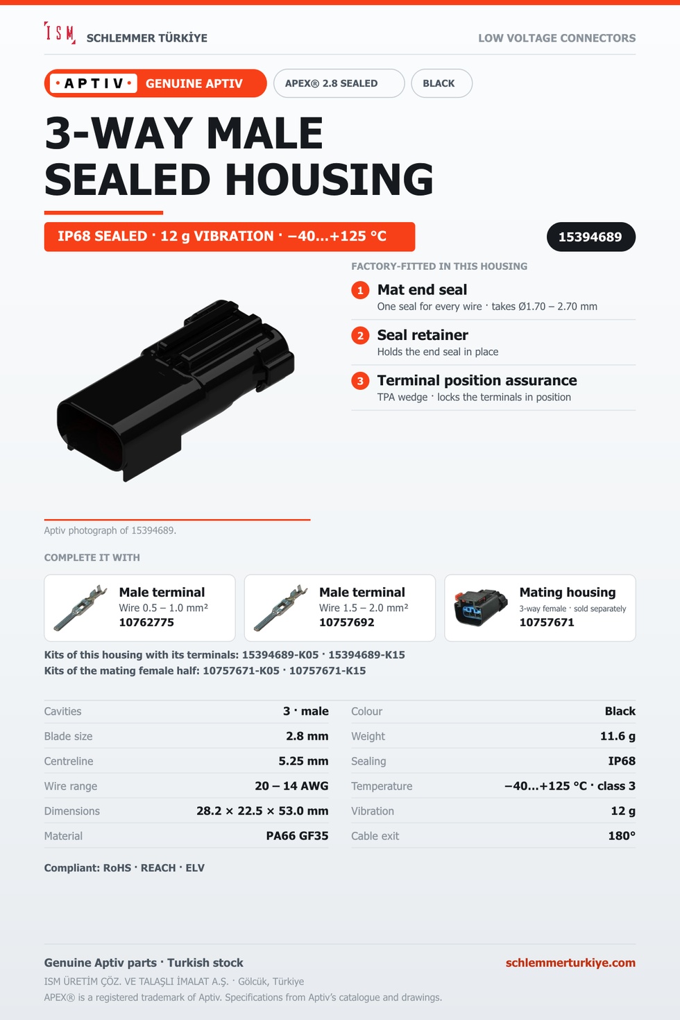 GENUINE APEX 2.8 SEALED 3-WAY MALE CONNECTOR HOUSING · BLACK