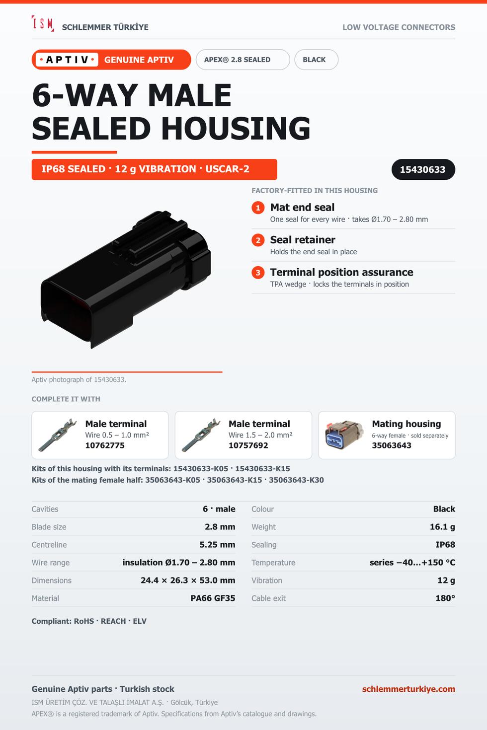 GENUINE APEX 2.8 SEALED 6-WAY MALE CONNECTOR HOUSING · BLACK