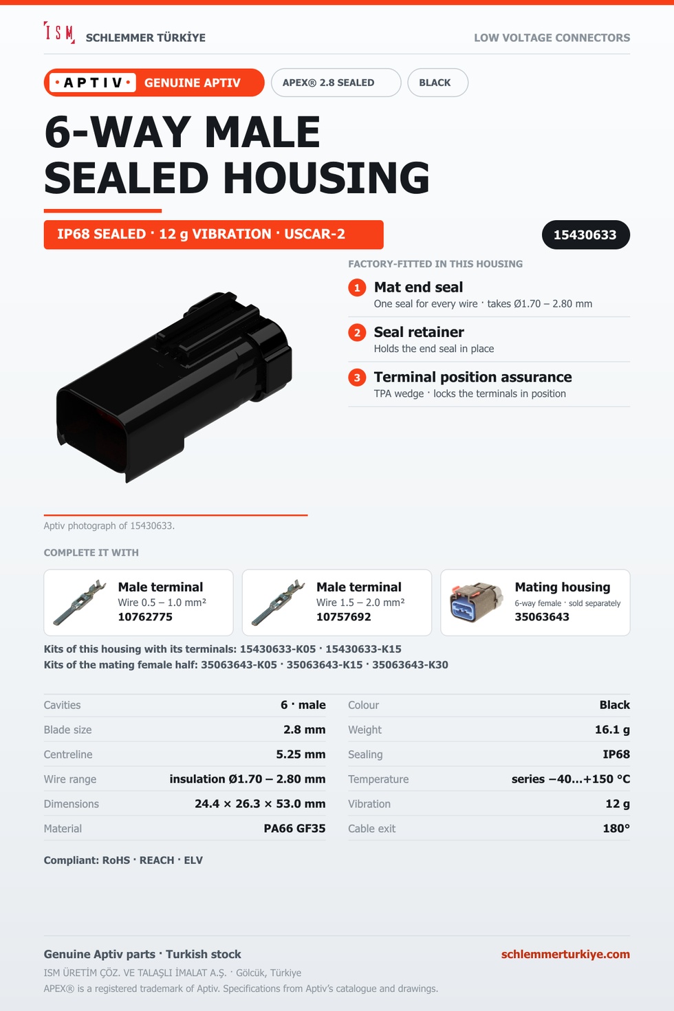 GENUINE APEX 2.8 SEALED 6-WAY MALE CONNECTOR HOUSING · BLACK