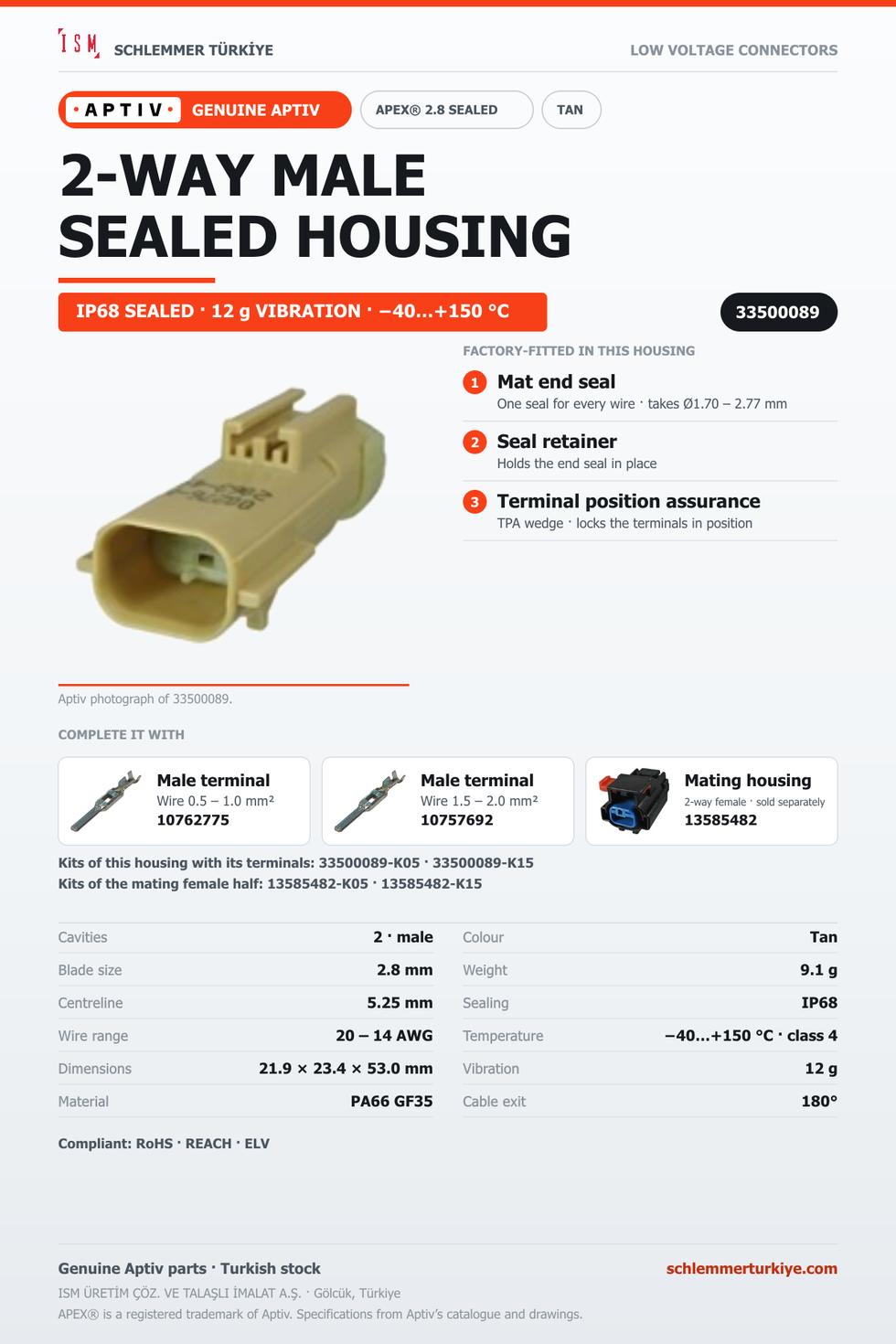 GENUINE APEX 2.8 SEALED 2-WAY MALE CONNECTOR HOUSING · TAN