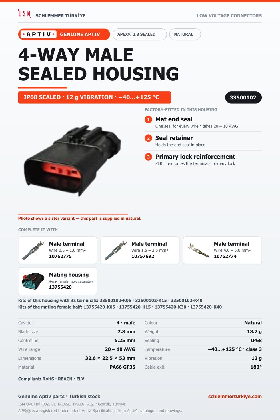 GENUINE APEX 2.8 SEALED 4-WAY MALE CONNECTOR HOUSING · NATURAL