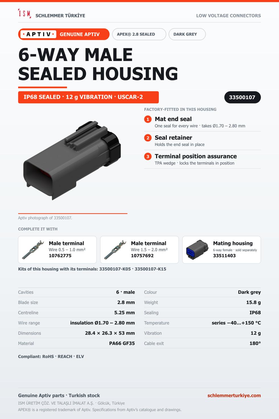 GENUINE APEX 2.8 SEALED 6-WAY MALE CONNECTOR HOUSING · DARK GREY