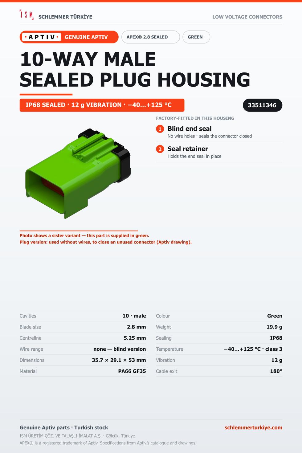 GENUINE APEX 2.8 SEALED 10-WAY MALE CONNECTOR HOUSING · GREEN