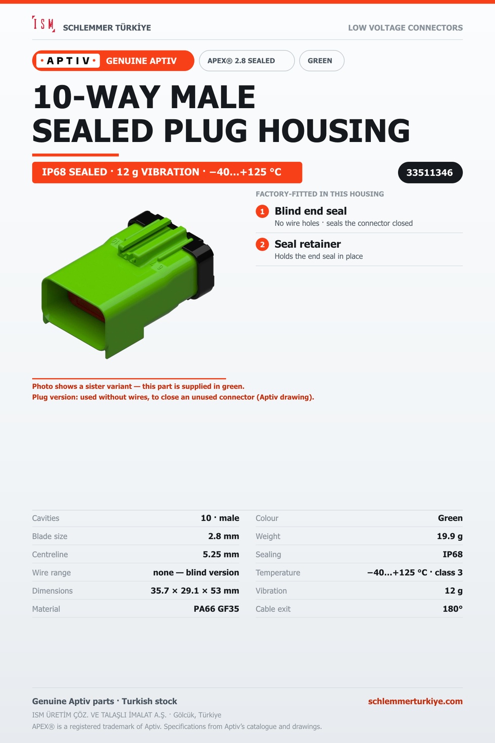 GENUINE APEX 2.8 SEALED 10-WAY MALE CONNECTOR HOUSING · GREEN