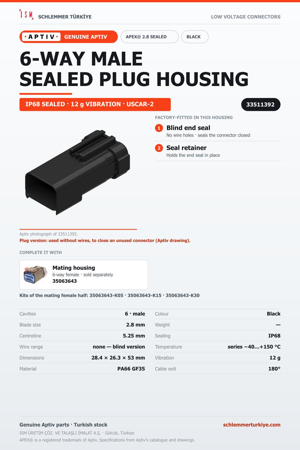 GENUINE APEX 2.8 SEALED 6-WAY MALE CONNECTOR HOUSING · BLACK