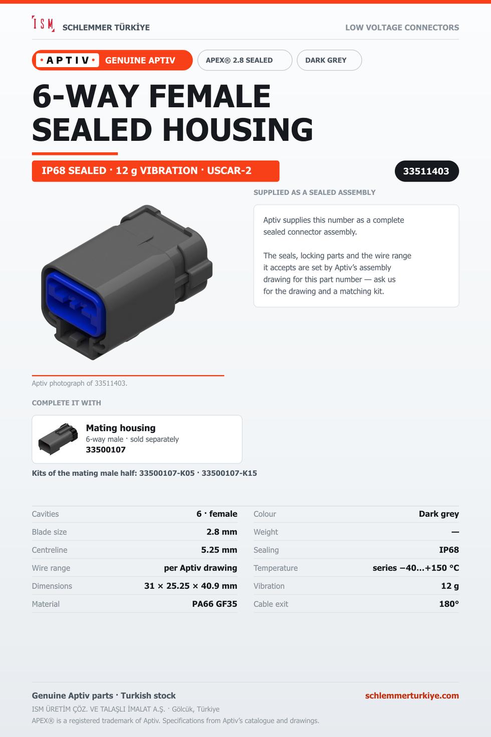 GENUINE APEX 2.8 SEALED 6-WAY FEMALE CONNECTOR HOUSING · DARK GREY