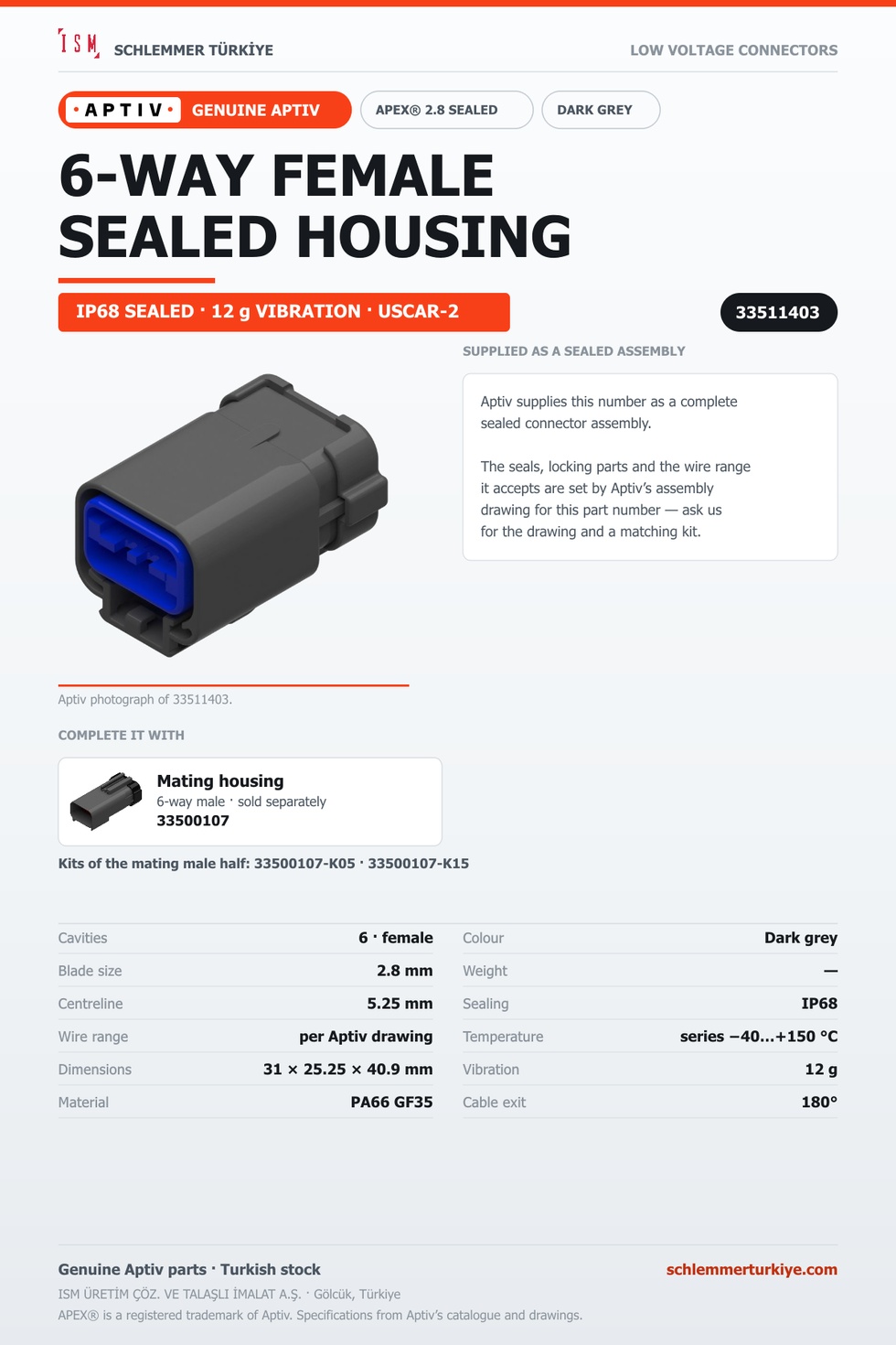 GENUINE APEX 2.8 SEALED 6-WAY FEMALE CONNECTOR HOUSING · DARK GREY