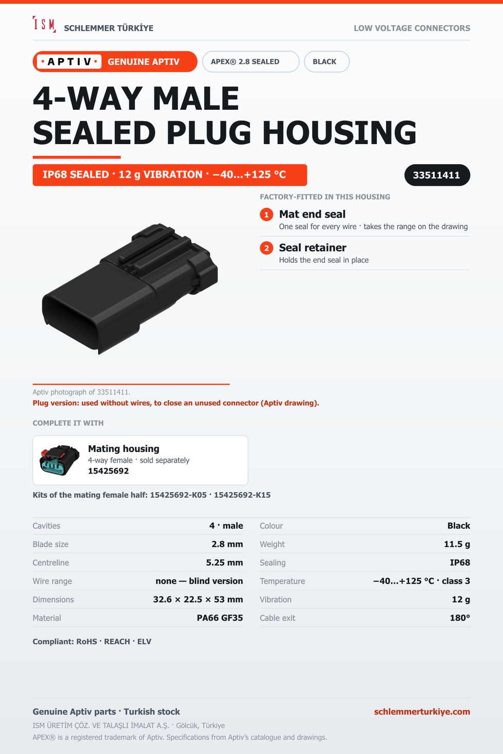 GENUINE APEX 2.8 SEALED 4-WAY MALE CONNECTOR HOUSING · BLACK