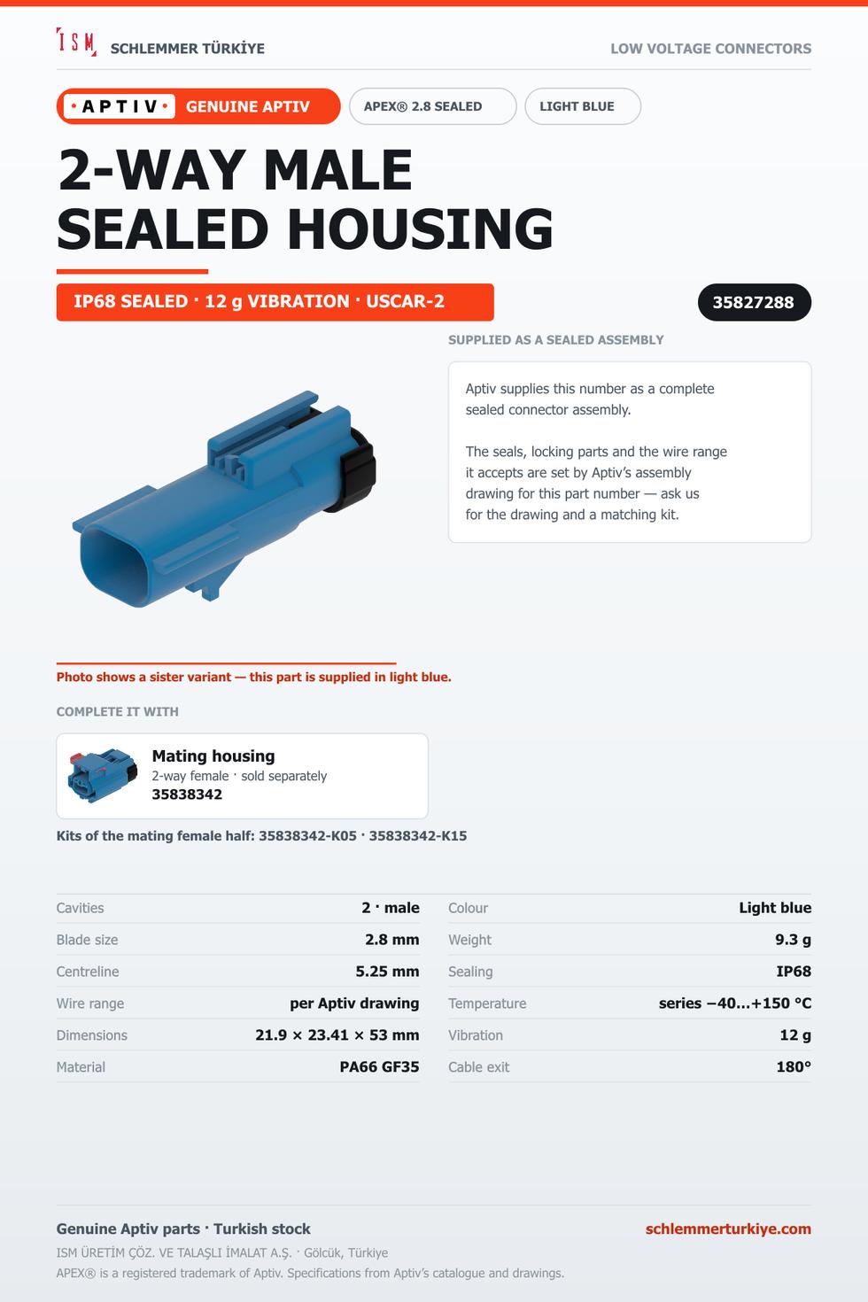 GENUINE APEX 2.8 SEALED 2-WAY MALE CONNECTOR HOUSING · LIGHT BLUE