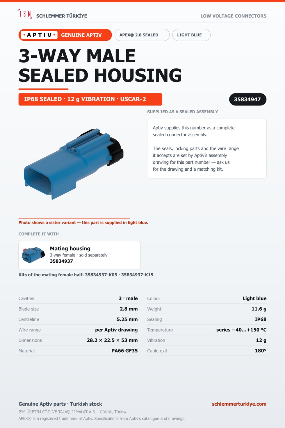 GENUINE APEX 2.8 SEALED 3-WAY MALE CONNECTOR HOUSING · LIGHT BLUE