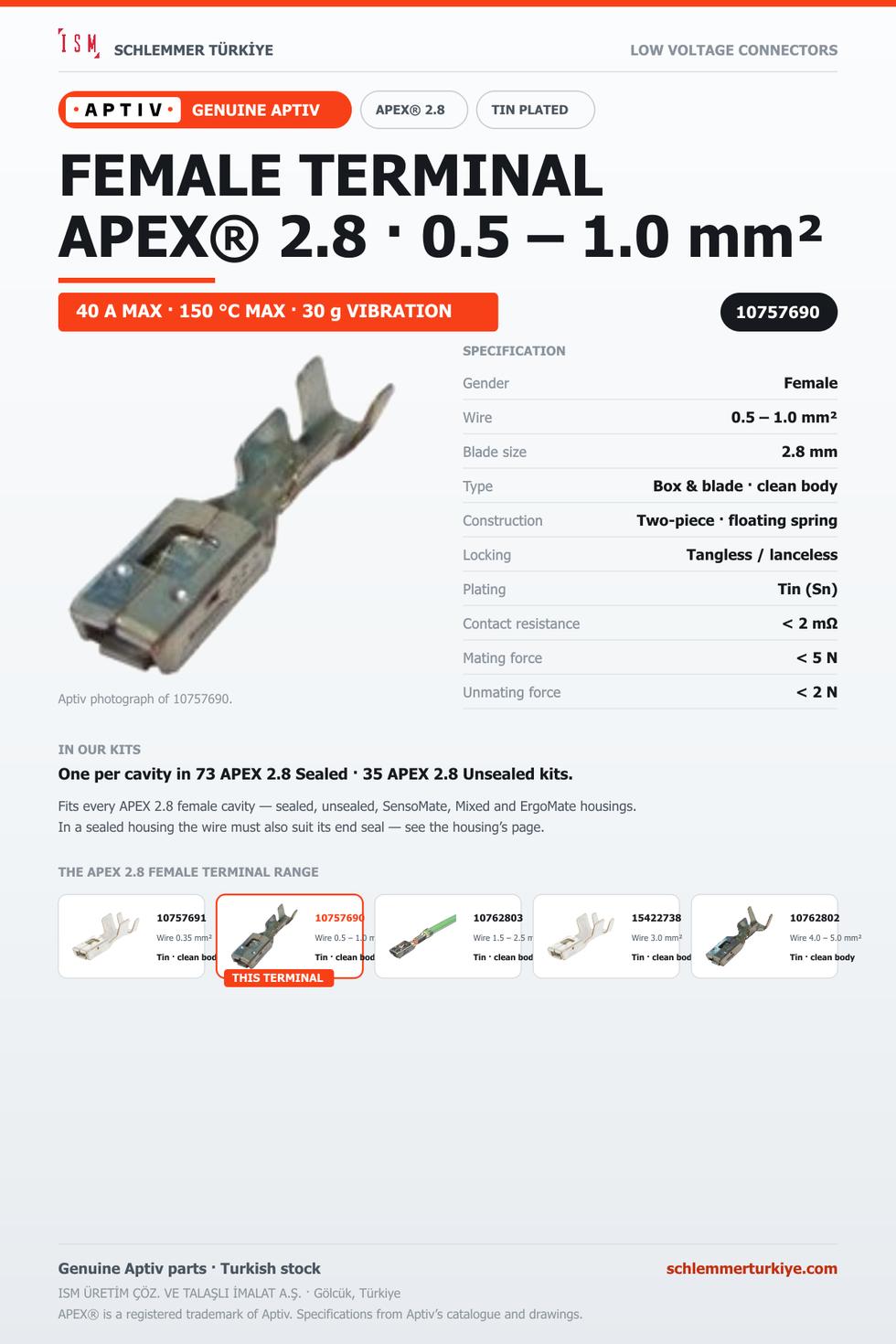 Genuine APEX 2.8 Female Terminal · Tin · 0.5 – 1.0 mm²
