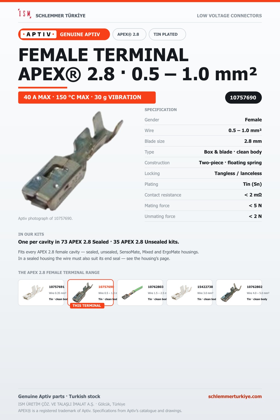 Genuine APEX 2.8 Female Terminal · Tin · 0.5 – 1.0 mm²
