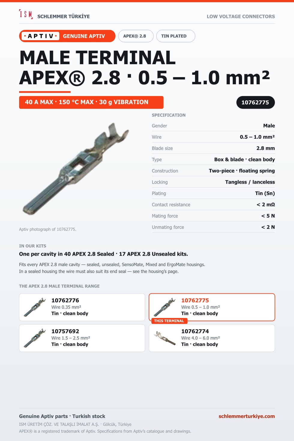 Genuine APEX 2.8 Male Terminal · Tin · 0.5 – 1.0 mm²