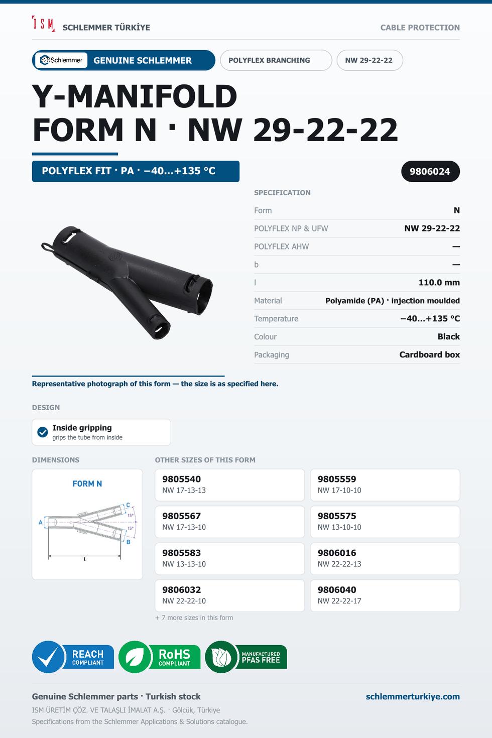 POLYFLEX Y-MANIFOLD FORM N-INSIDE GRIP NW 29-22-22