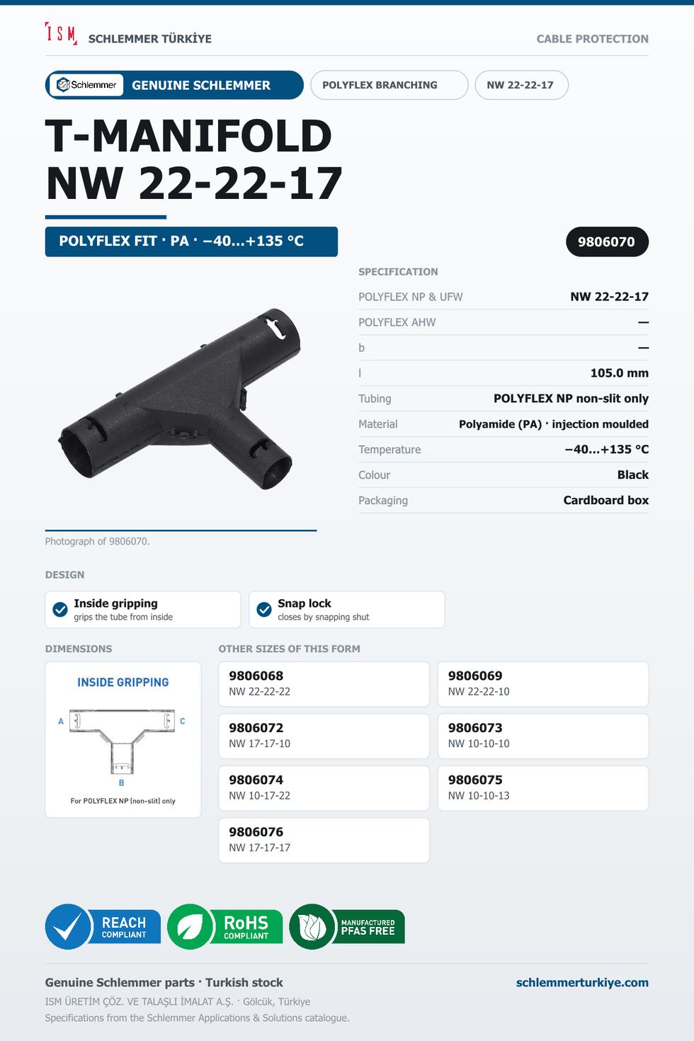 POLYFLEX T-MANIFOLD FORM INSIDE GRIP NW 22-22-17*