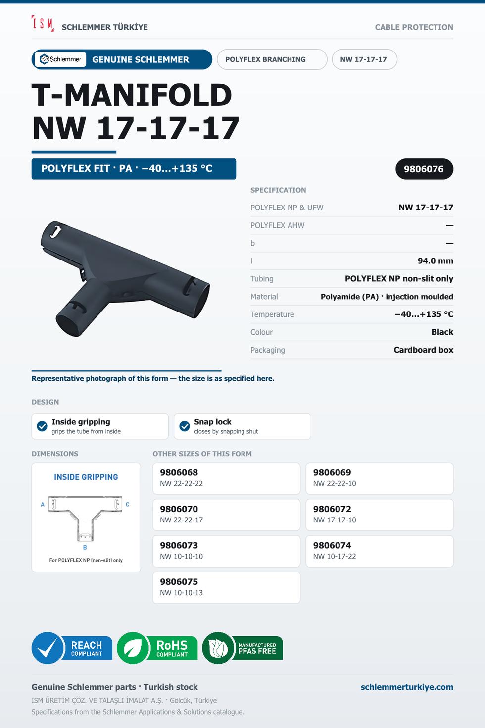 POLYFLEX T-MANIFOLD FORM INSIDE GRIP NW 17-17-17*