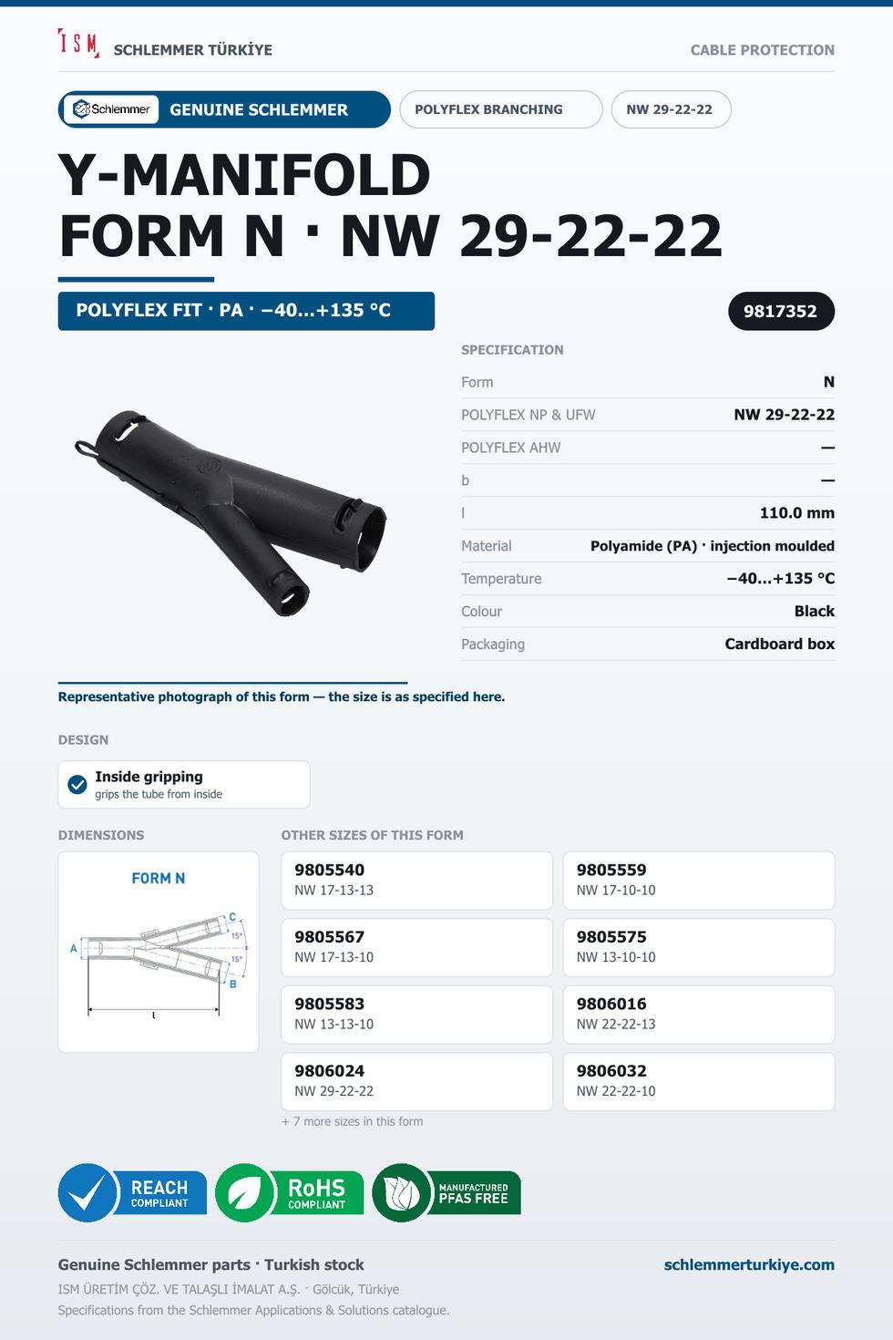 POLYFLEX Y-MANIFOLD FORM N-INSIDE GRIP NW 29-22-22