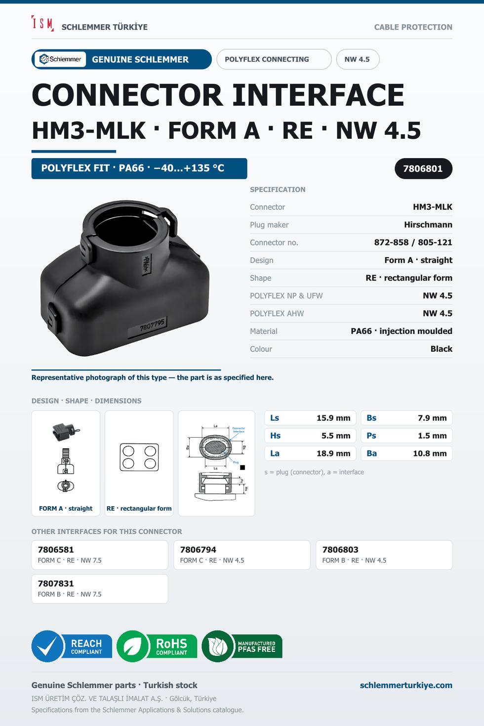 CONNECTOR INTERFACE HM3-MLK A/RE PA66 BK NW 4.5