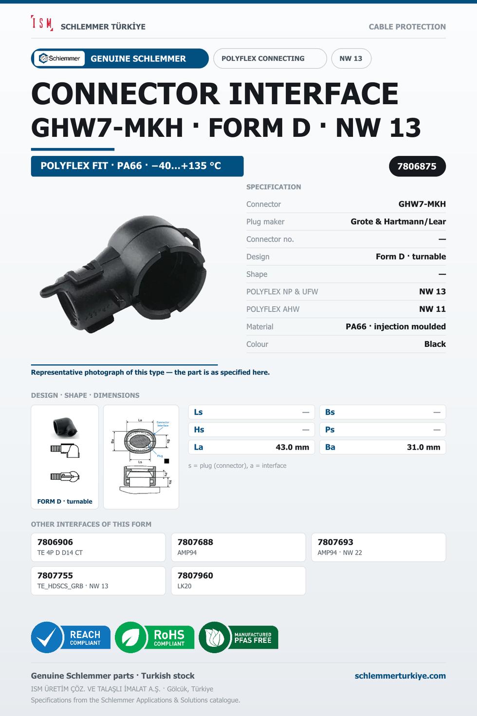 CONNECTOR INTERFACE GHW7-MKH D/- PA66 BK NW 13