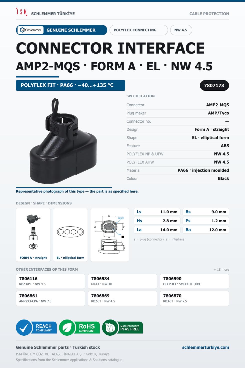 CONNECTOR INTERFACE AMP2-MQS A/EL PA66 BK NW 4.5