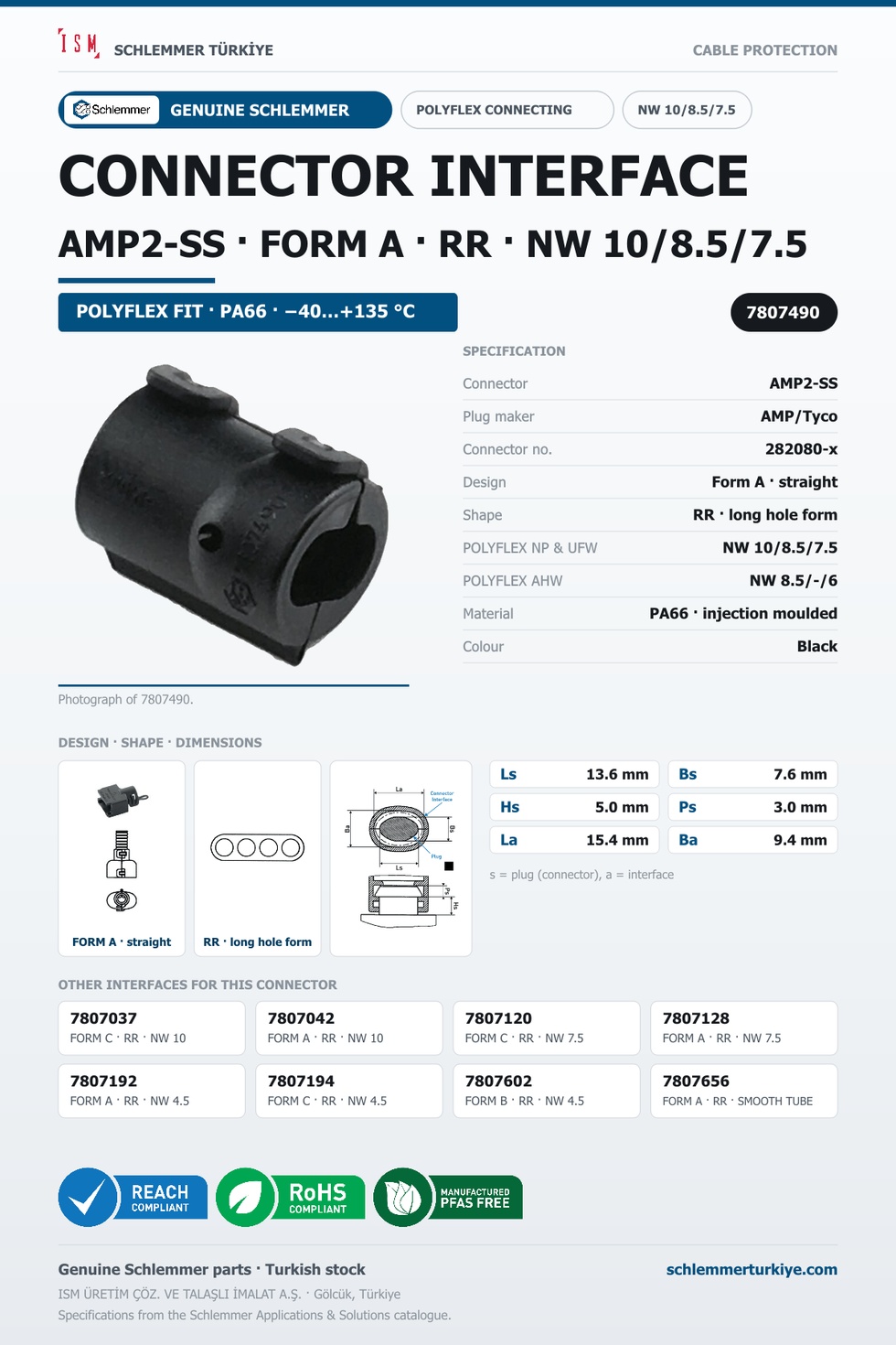 CONNECTOR INTERFACE AMP2-SS A/RR PA66 BK NW 10/8.5/7.5