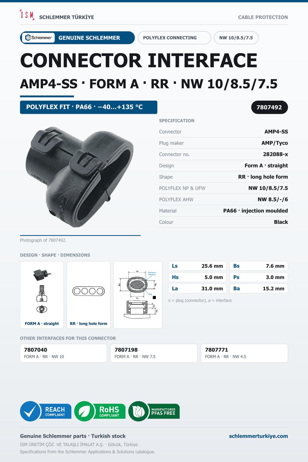 CONNECTOR INTERFACE AMP4-SS A/RR PA66 BK NW 10/8.5/7.5