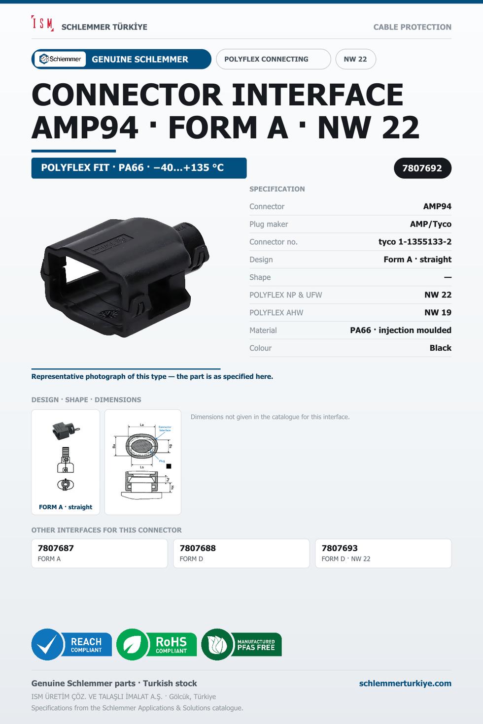 CONNECTOR INTERFACE AMP94 A/- PA66 BK NW 22