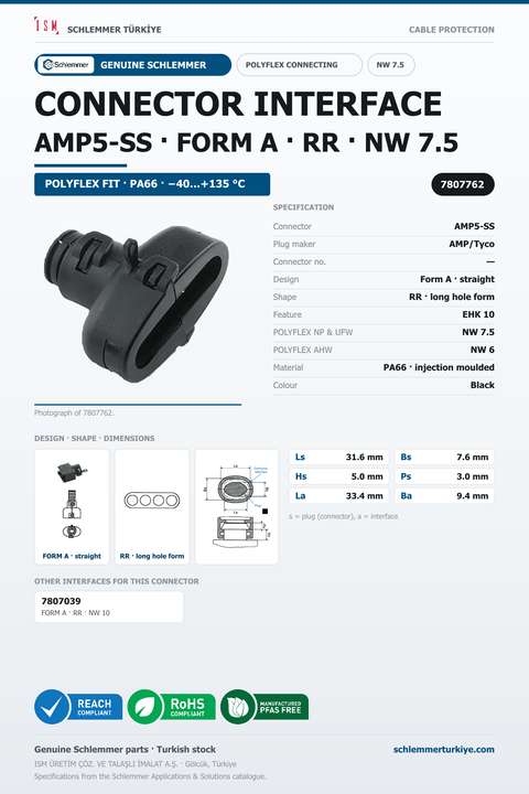 CONNECTOR INTERFACE AMP5-SS A/RR PA66 BK NW 7.5