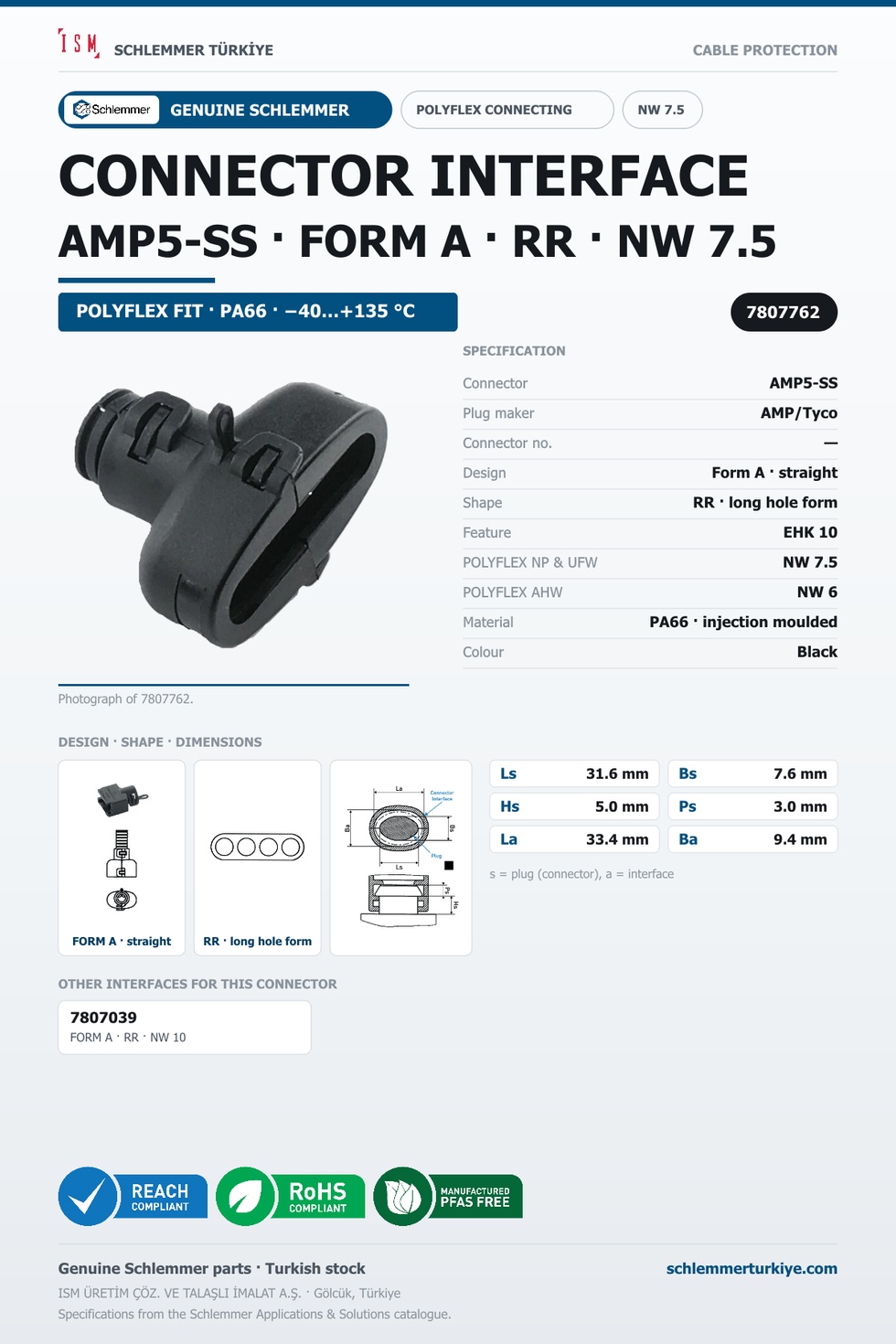 CONNECTOR INTERFACE AMP5-SS A/RR PA66 BK NW 7.5