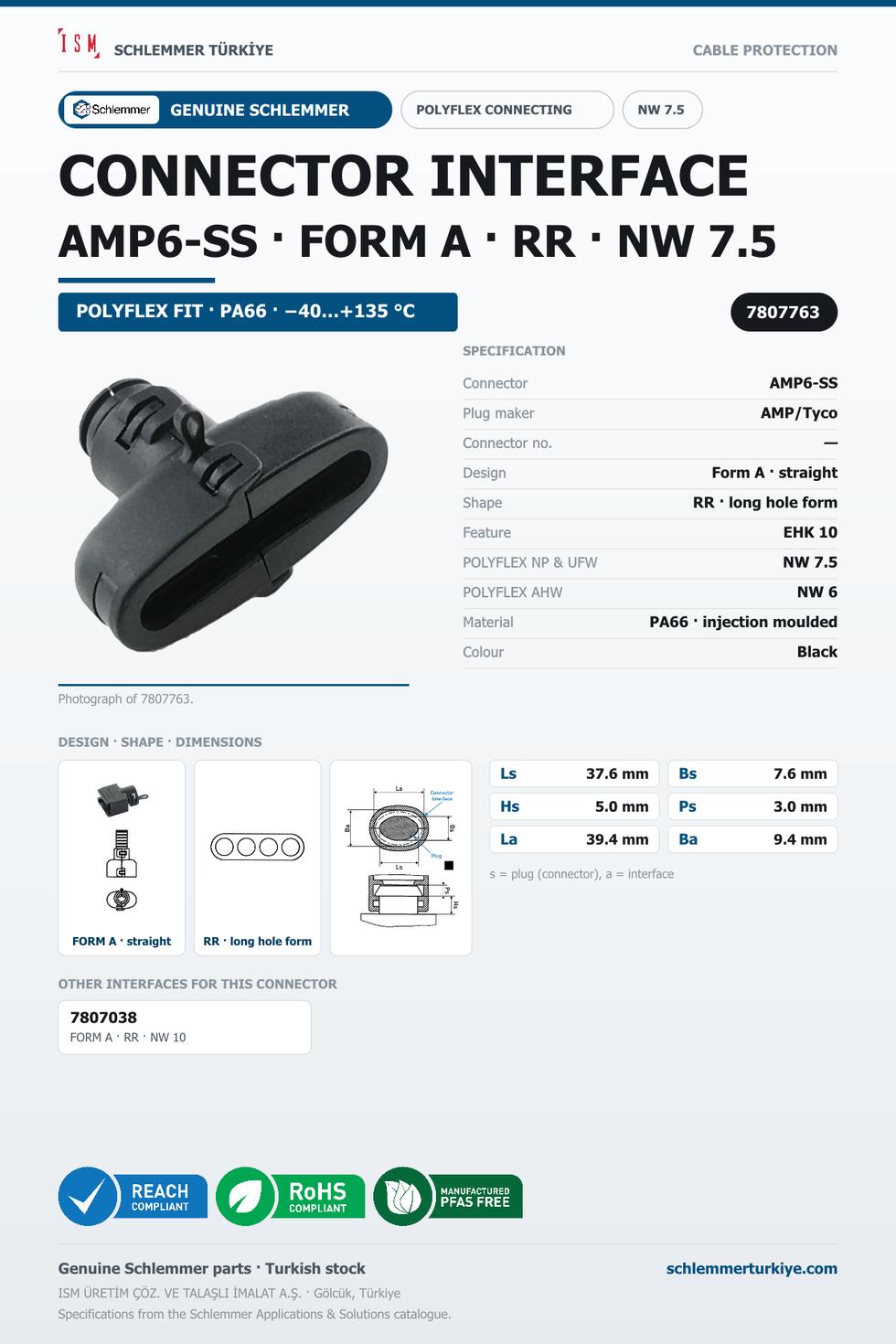 CONNECTOR INTERFACE AMP6-SS A/RR PA66 BK NW 7.5