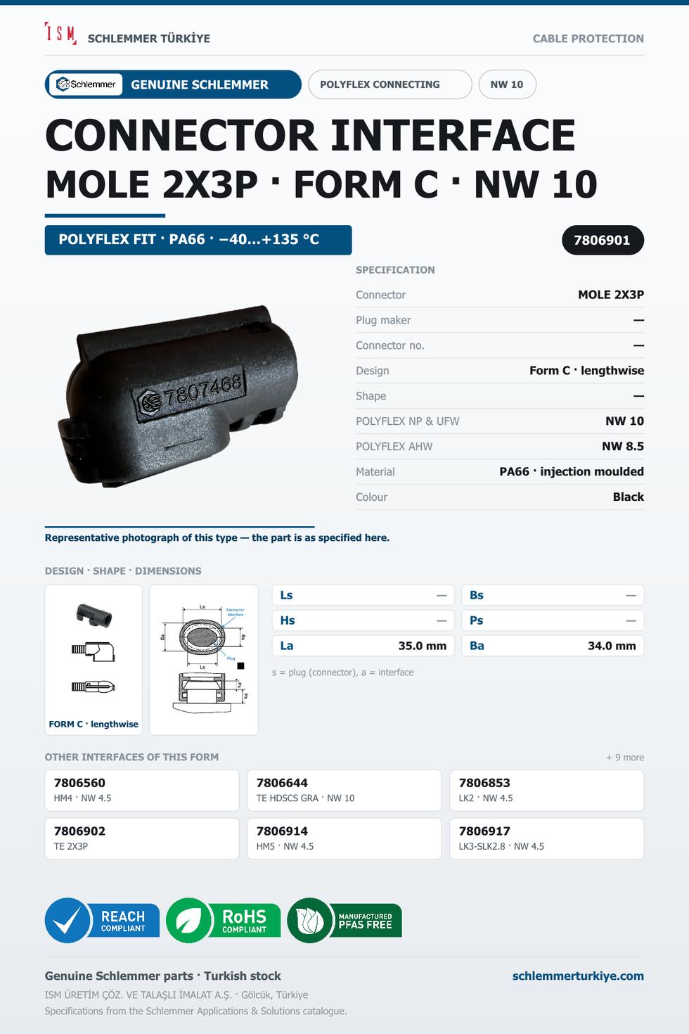 POLYFLEX CONNECTOR INTERFACE · MOLE 2X3P · FORM C · NW 10 · BLACK