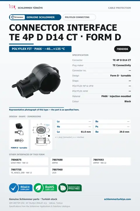 POLYFLEX CONNECTOR INTERFACE · TE 4P D D14 CT · FORM D · BLACK