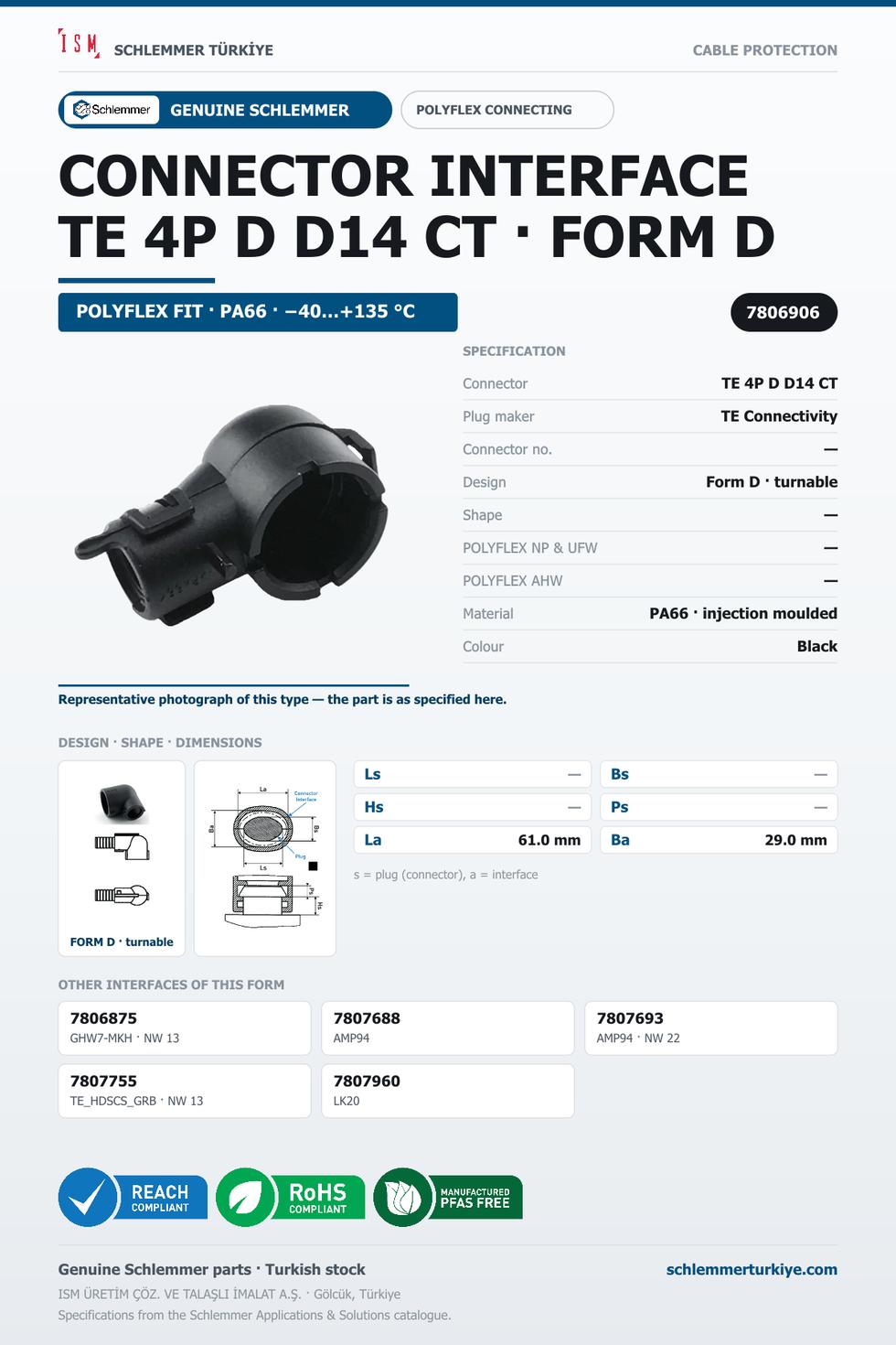 POLYFLEX CONNECTOR INTERFACE · TE 4P D D14 CT · FORM D · BLACK