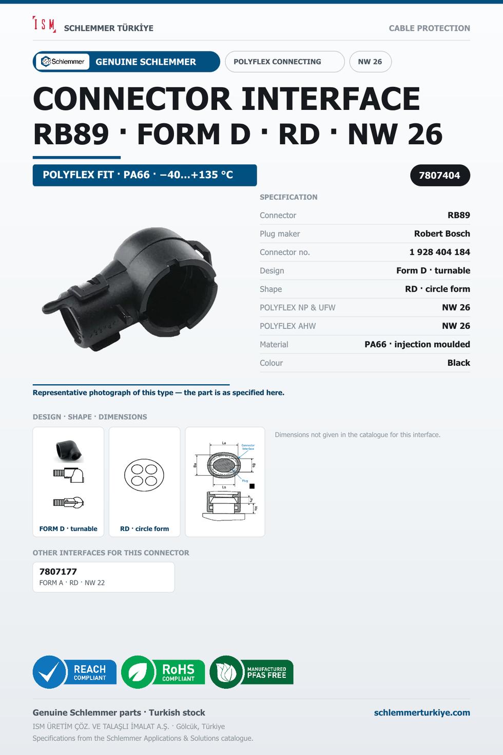 POLYFLEX CONNECTOR INTERFACE · RB89 · FORM D · RD · NW 26 · BLACK