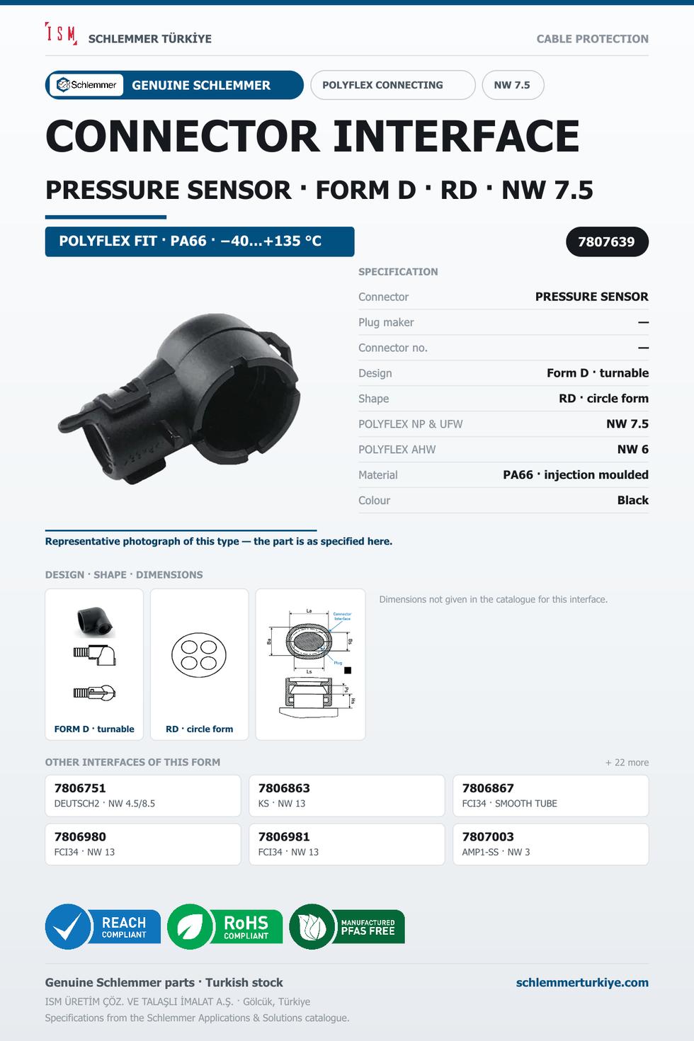 POLYFLEX CONNECTOR INTERFACE · PRESSURE SENSOR · FORM D · RD · NW 7.5 · BLACK