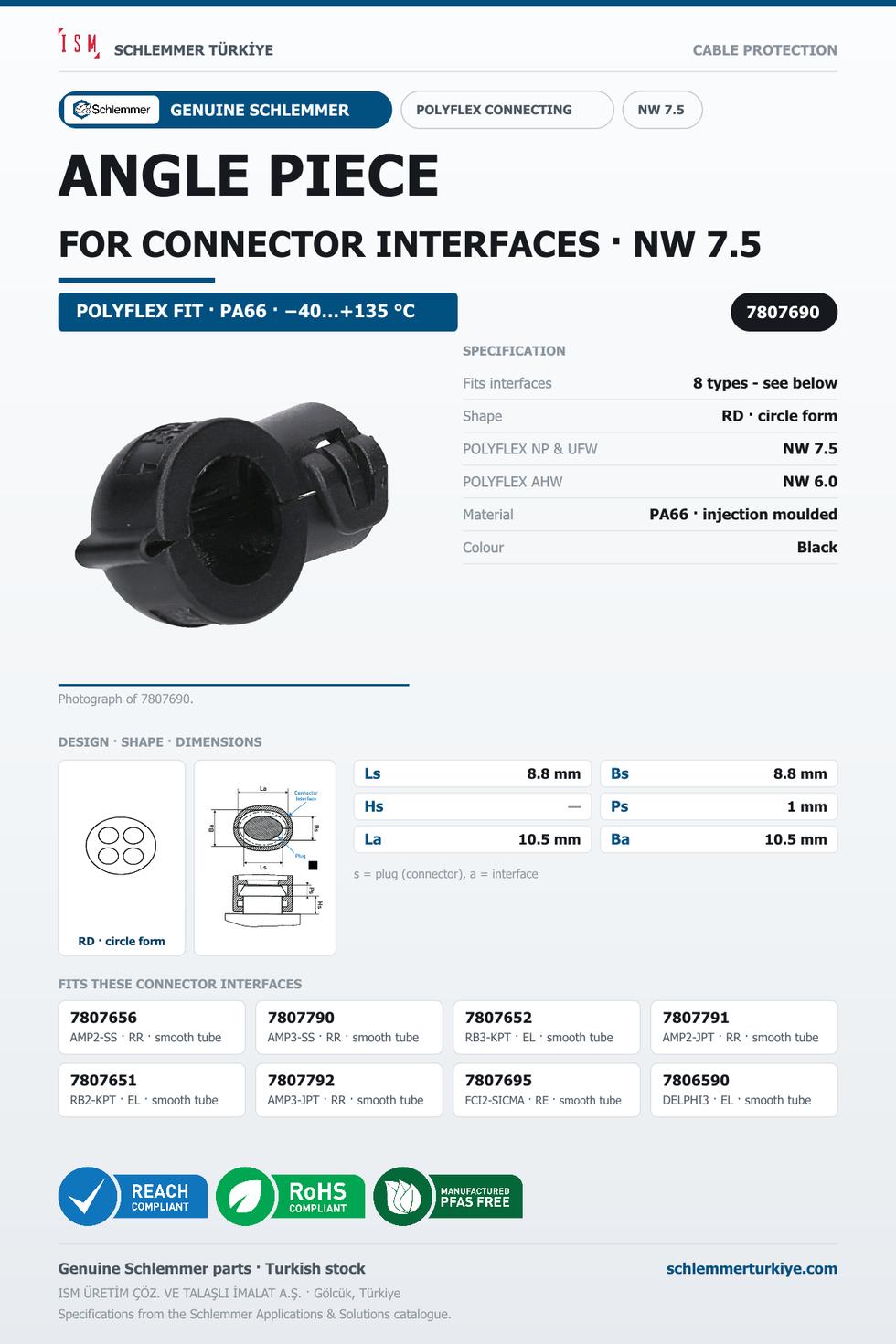 POLYFLEX ANGLE PIECE · FOR CONNECTOR INTERFACES · NW 7.5 · BLACK