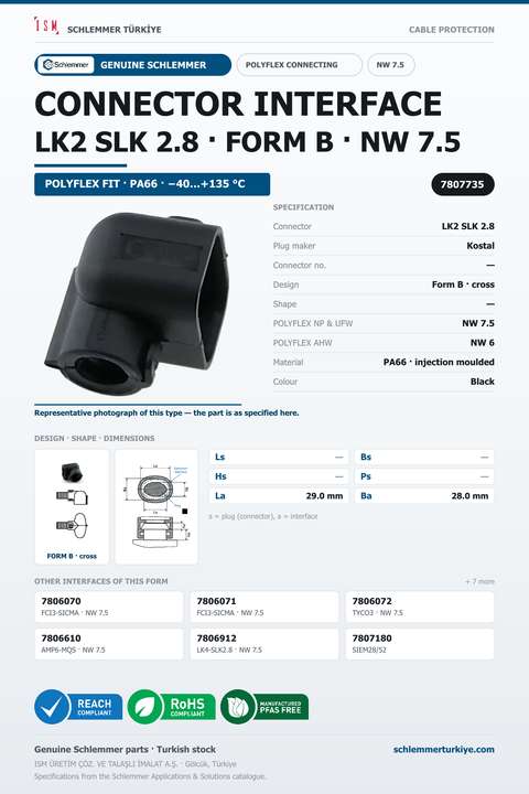 POLYFLEX CONNECTOR INTERFACE · LK2 SLK 2.8 · FORM B · NW 7.5 · BLACK