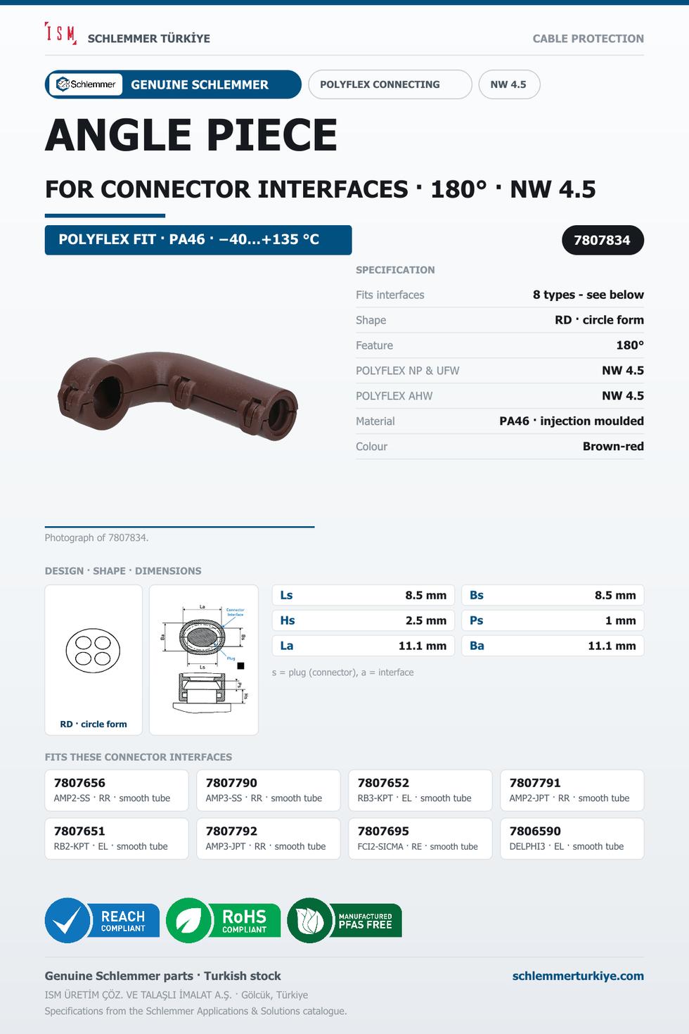 POLYFLEX ANGLE PIECE · FOR CONNECTOR INTERFACES · 180° · NW 4.5 · BROWN-RED