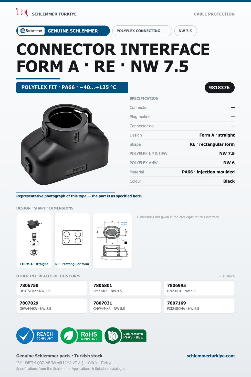 POLYFLEX CONNECTOR INTERFACE · FORM A · RE · NW 7.5 · BLACK